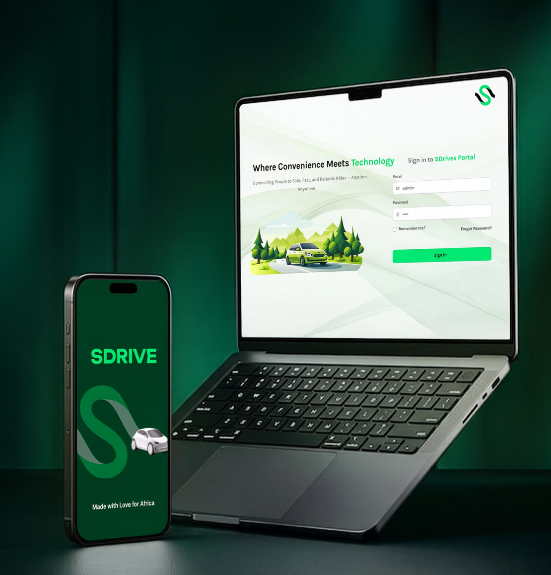SDrive mobile application and website login screens